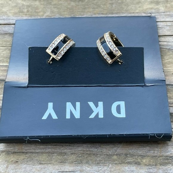 DKNY Women Earrings GoldBlack Tone Crystal Accent Hinge Ladies Ear Jewelry New - Picture 6 of 12